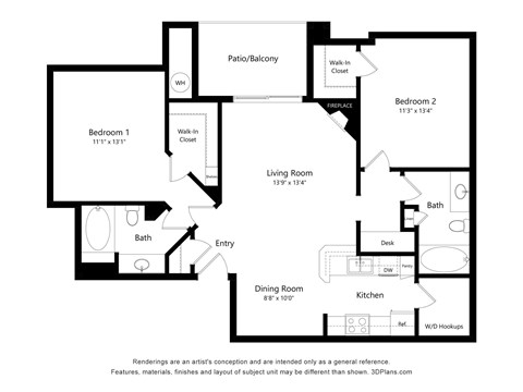 Floor plan for 2 beds, 2 baths, 1069 sqft